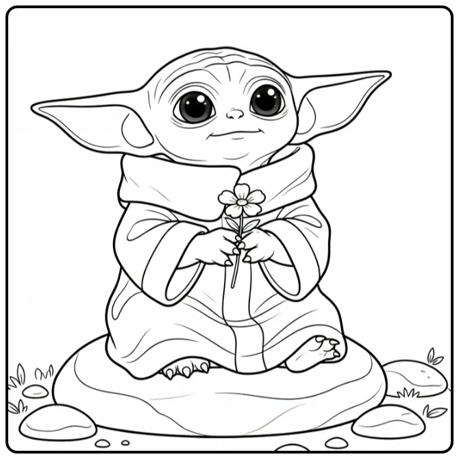 baby yoda kleurplaat cute zit op steen met bloem kijkt omhoog