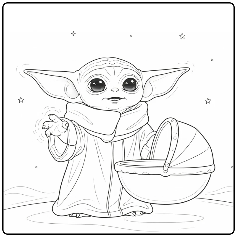 baby yoda kleurplaat cute met zwevende kinderwagen en Force