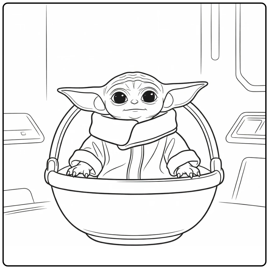 baby yoda kleurplaat: in zwevende kinderwagen met grote oren