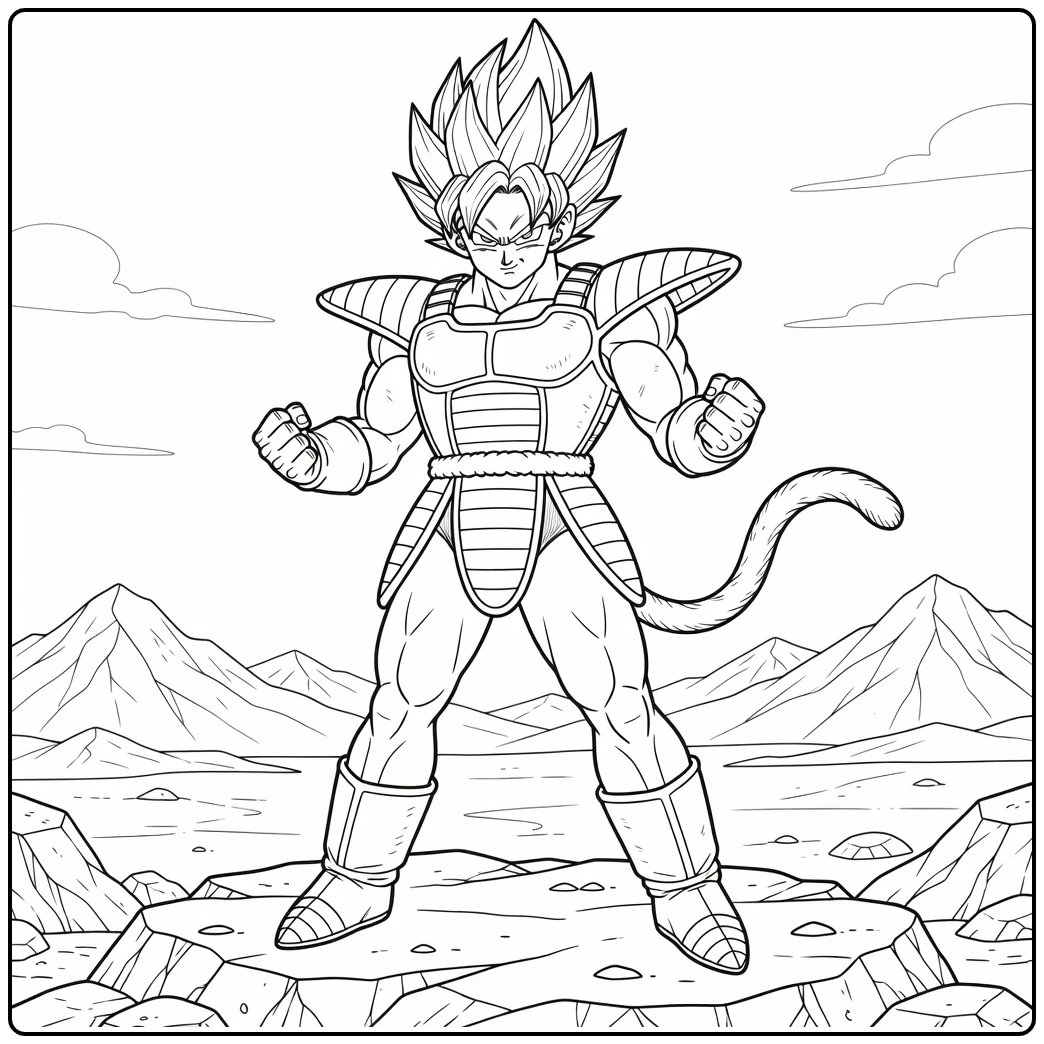 Bardock Kleurplaat: trotse krijger op rotsen met bergen