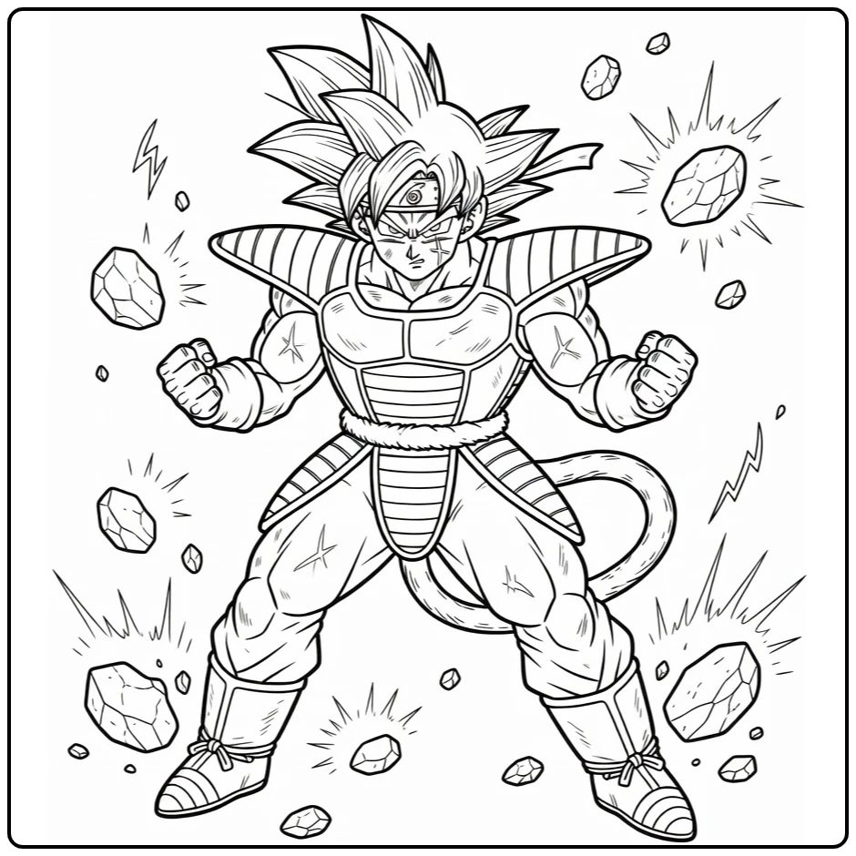 Bardock Kleurplaat in strijdpose met pantser en vuisten