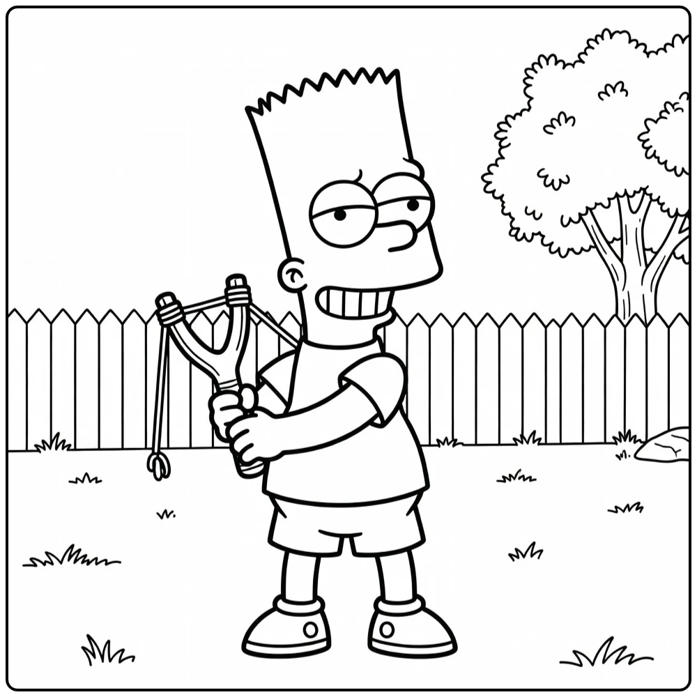 Bart Simpson Kleurplaat met katapult en ondeugende grijns
