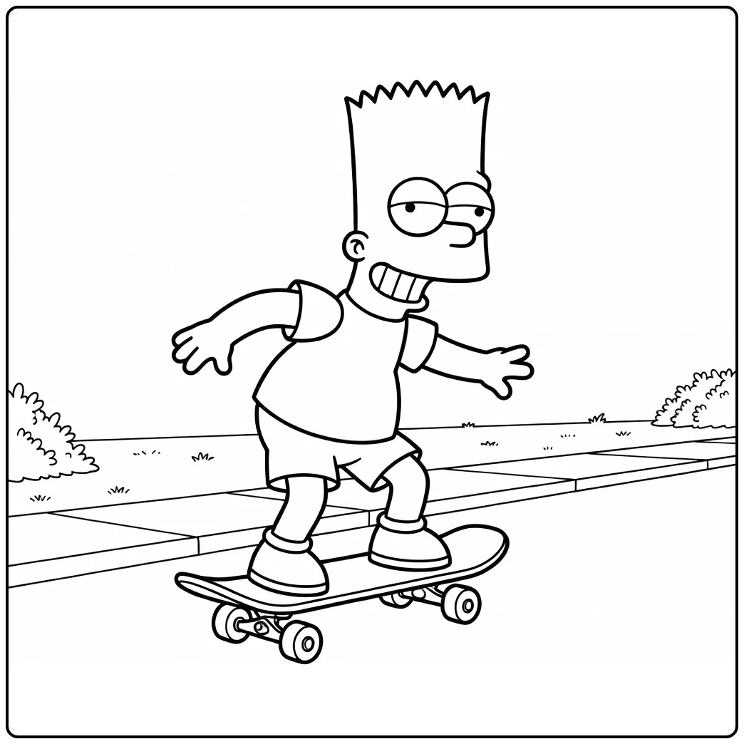 Bart Simpson Kleurplaat op skateboard met speelse grijns