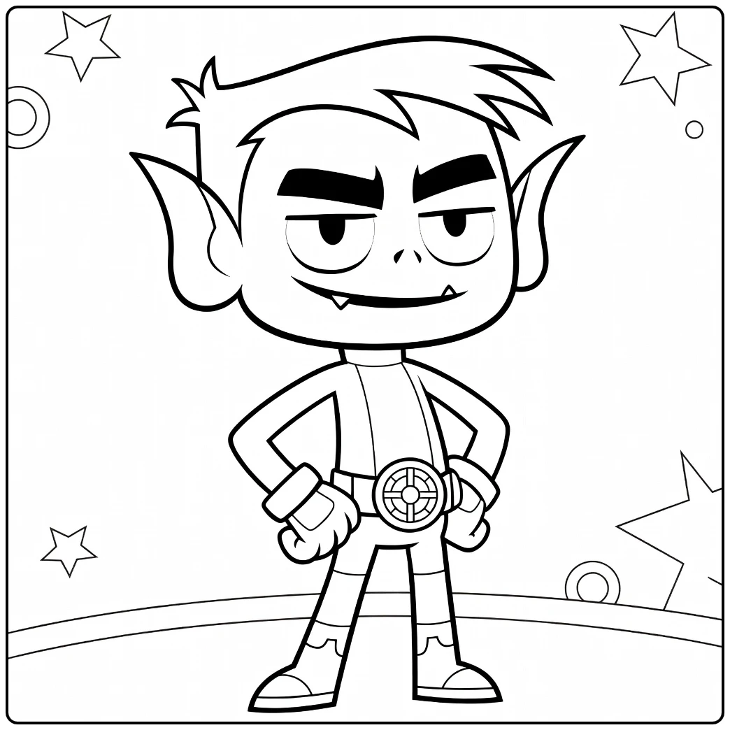 Beast Boy Kleurplaat met puntoren, grijns en heldenpose