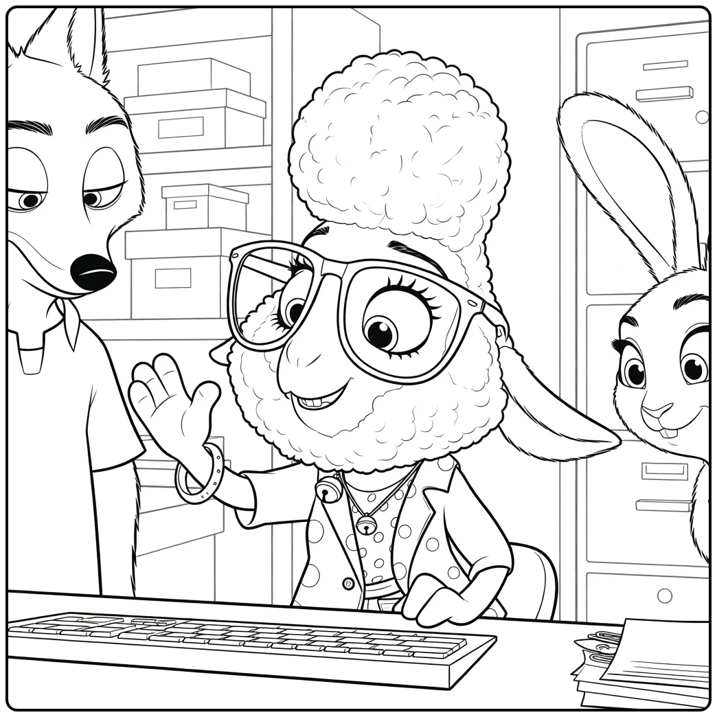 Bellwether Kleurplaat: Dawn aan bureau met Nick en Judy