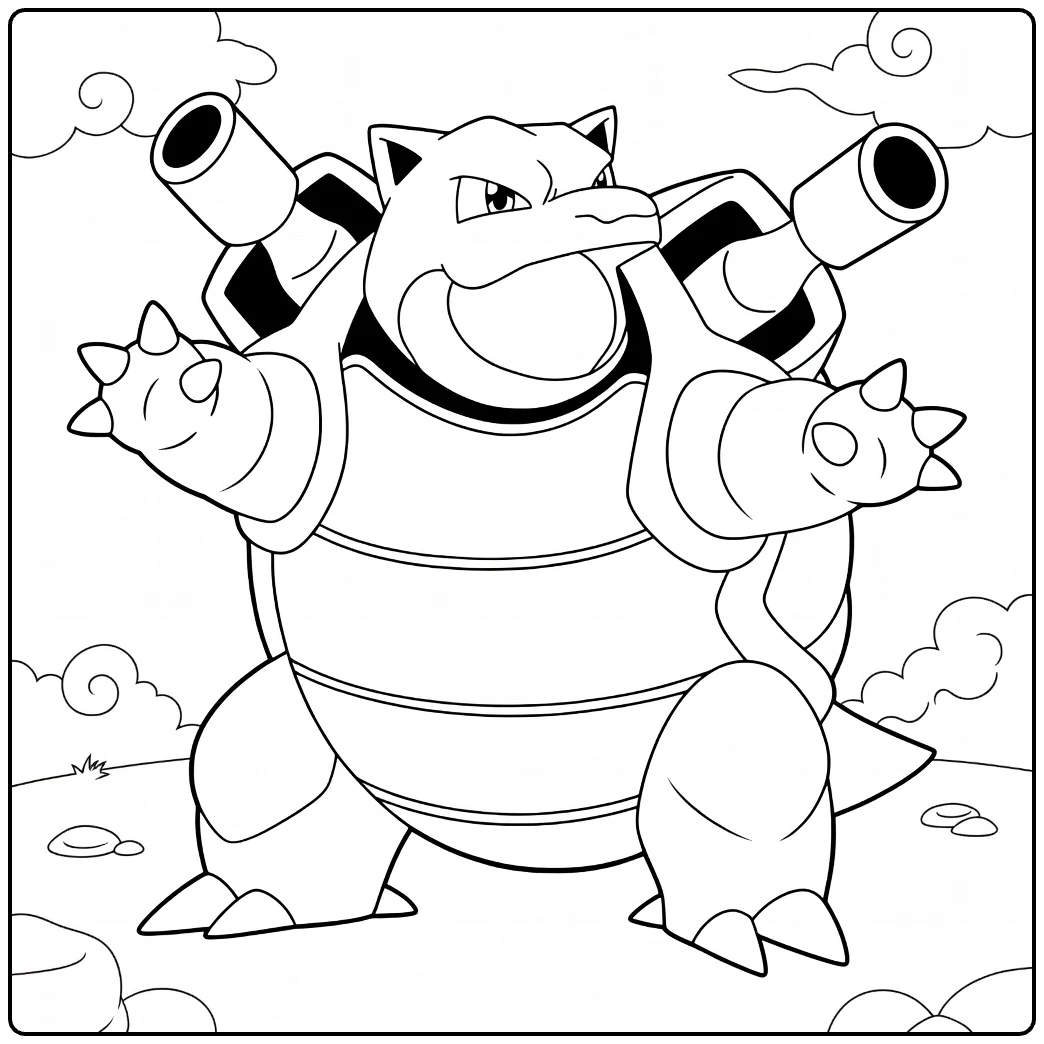 Blastoise Water Pokemon Kleurplaat met kanonnen en schelp