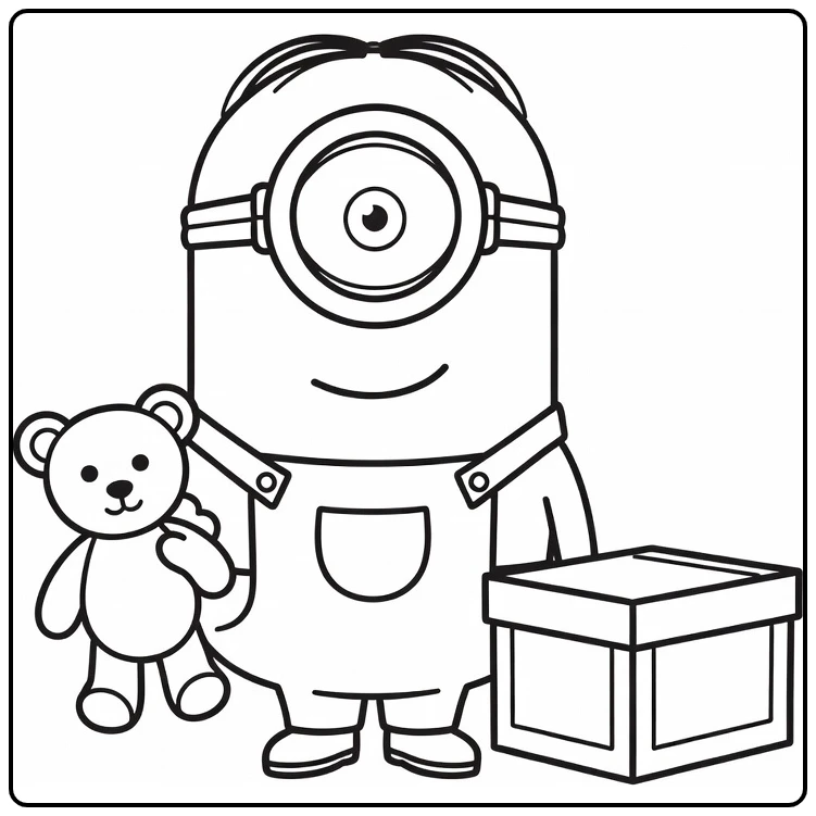 minion makkelijk kleurplaat: Minion met teddybeer bij doos