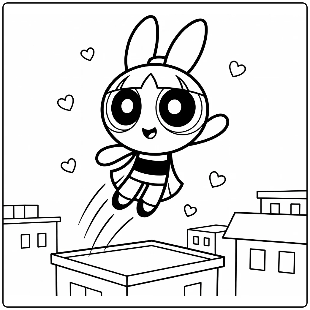 Blossom kleurplaat: Blossom vliegt boven stad met hartjes