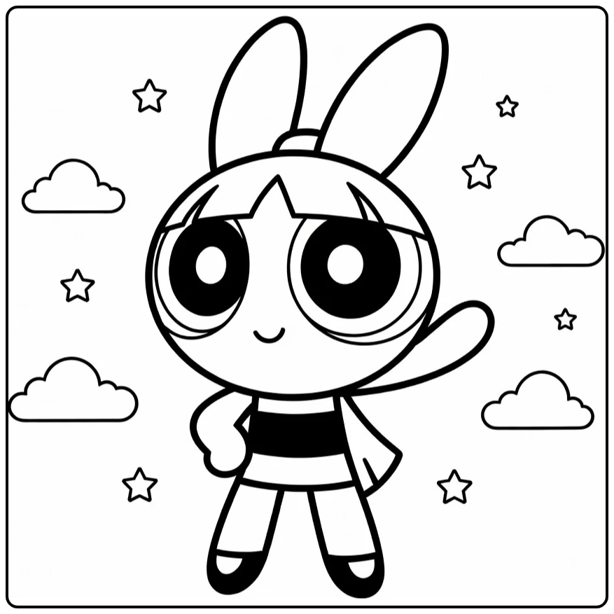 Blossom kleurplaat: zelfverzekerd met hand op heup, strik en sterren (58 karakters)