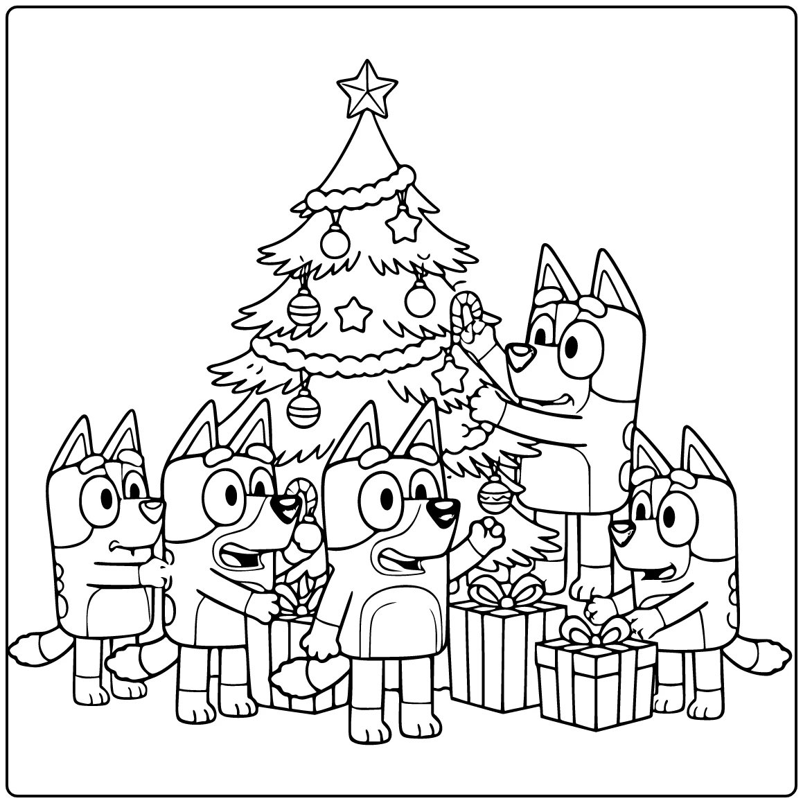bluey kerst kleurplaat Bluey en Bingo bij kerstboom