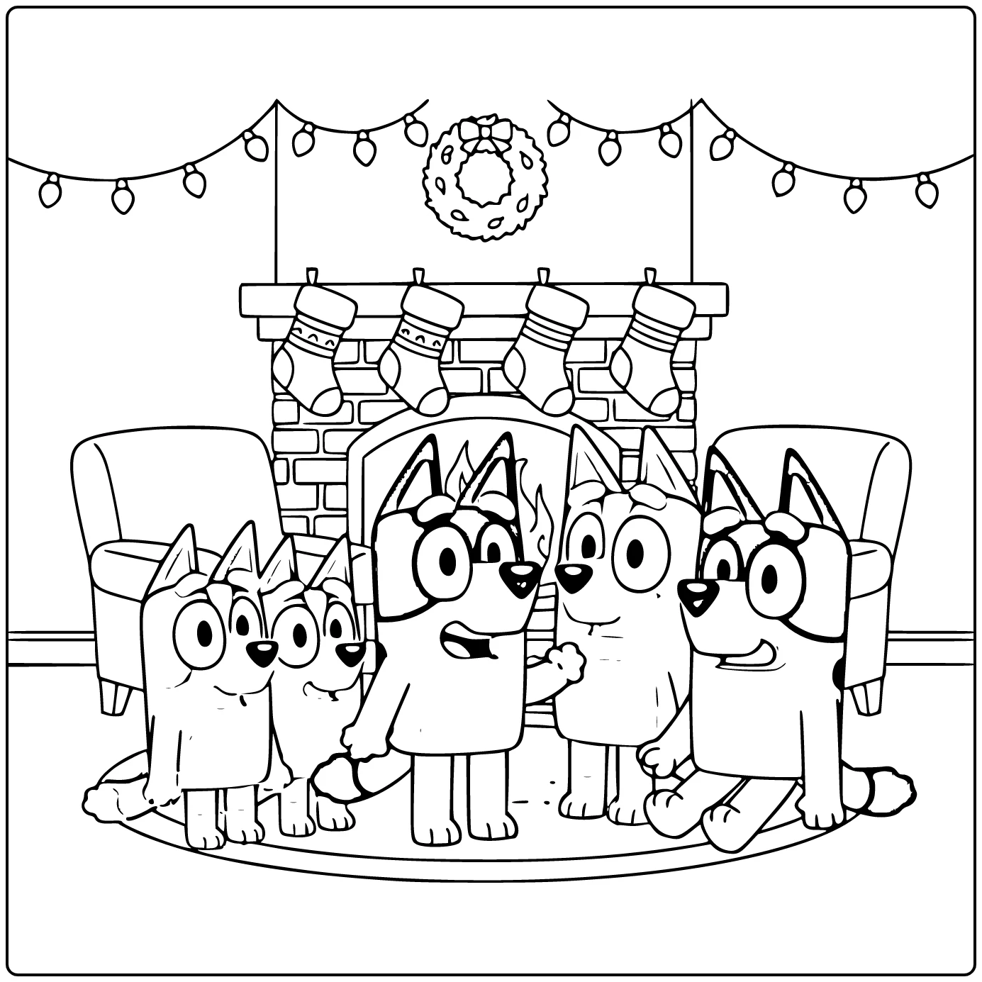 Bluey kerst kleurplaat: Bluey in knusse kerst woonkamer