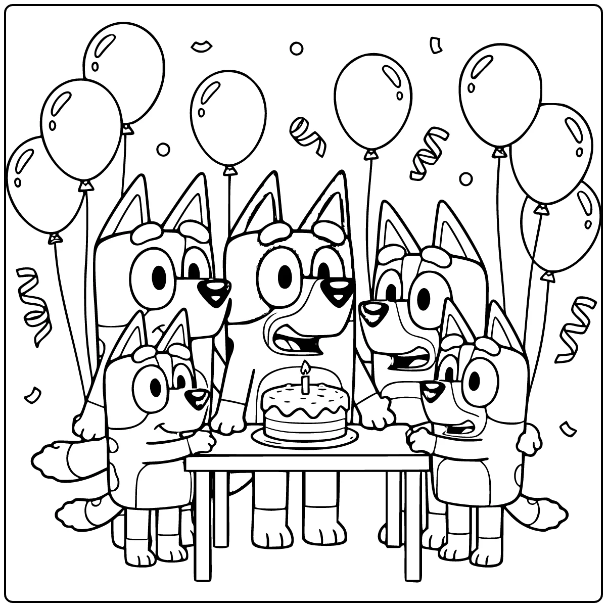 Bluey kleurplaat verjaardagsfeest met Bingo familie