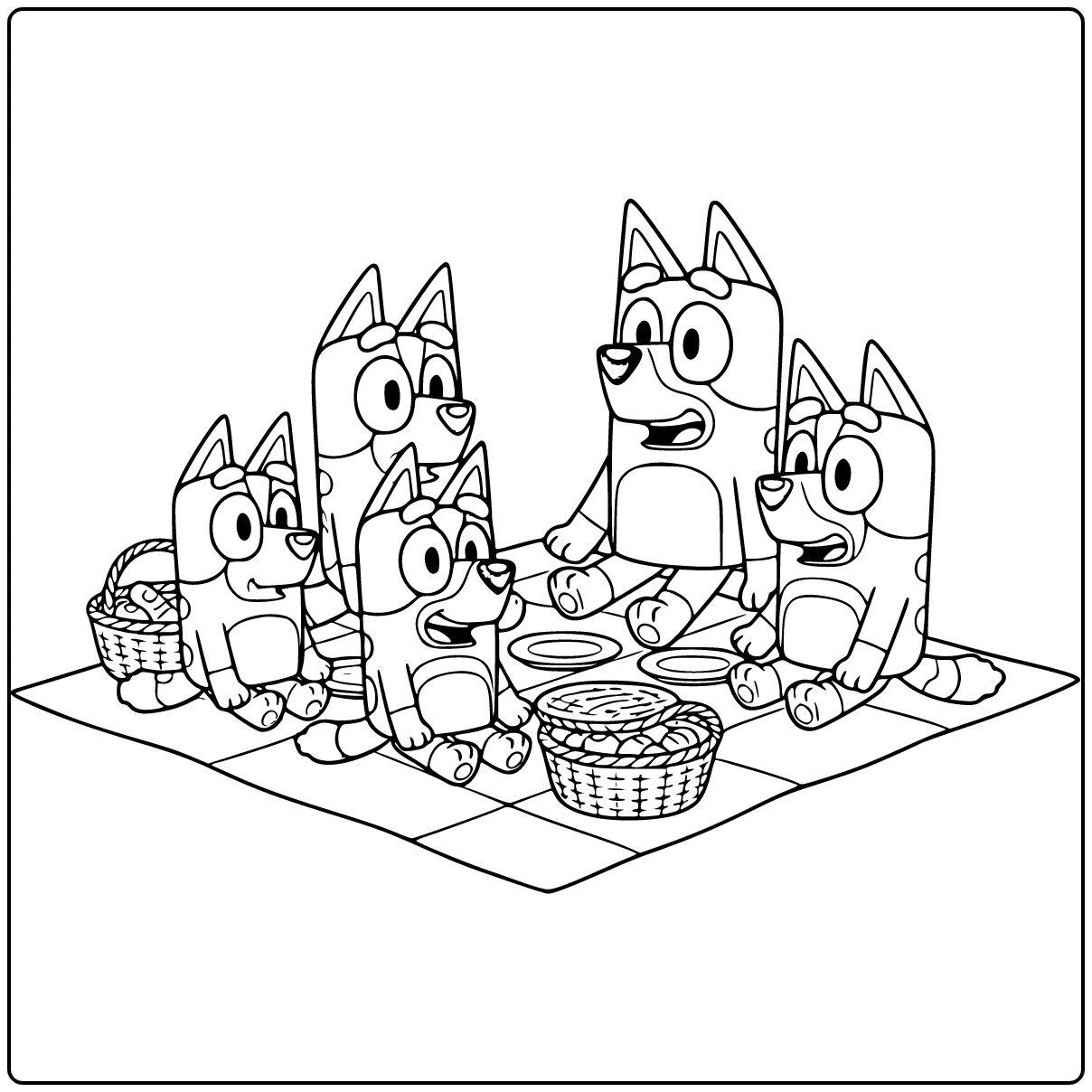 Bluey kleurplaat familie picknick met Bingo Bandit Chilli oom Stripe