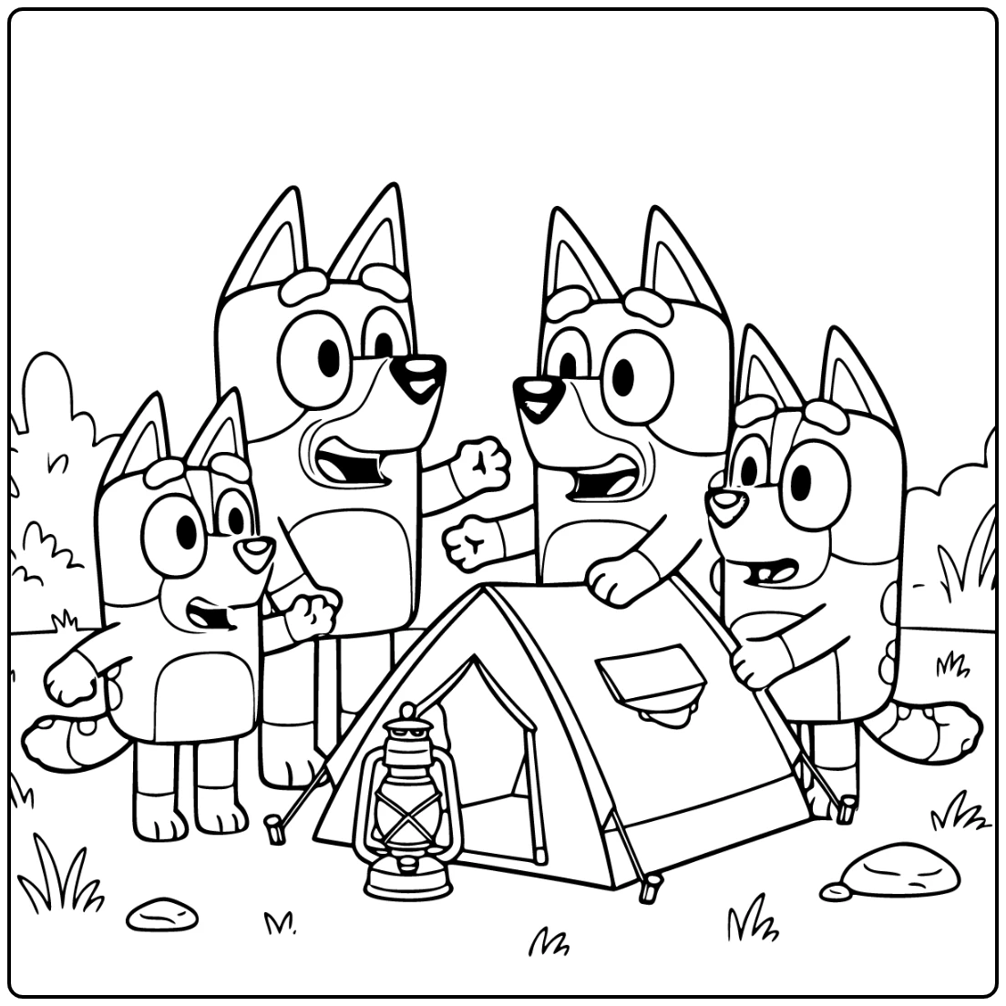 Bluey kleurplaat: kampeeravontuur met Bingo, Bandit, Chilli