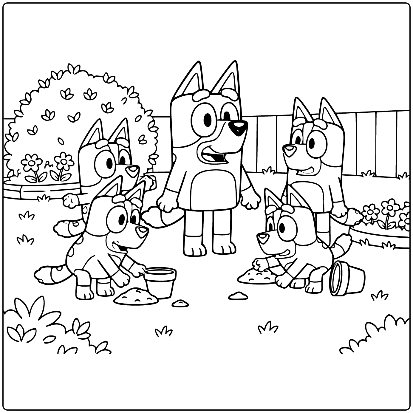 Bluey kleurplaat: Bluey en Bingo op schattenjacht in achtertuin