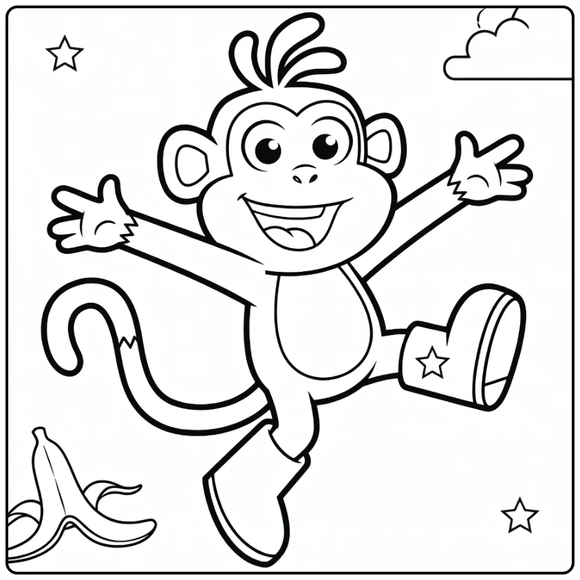 Boots Dora Kleurplaat: blije aap springt in laarzen