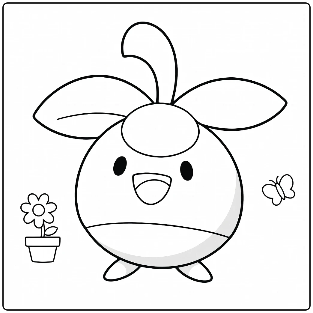 Bounsweet Kleurplaat met bloem, vlinder en schattige Pokémon