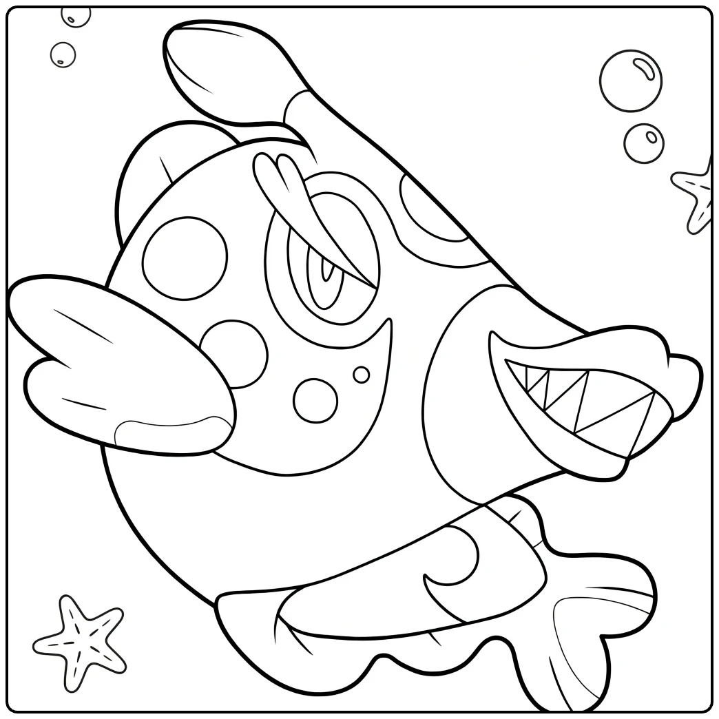 Bruxish Water Pokemon Kleurplaat met bubbels en sterren