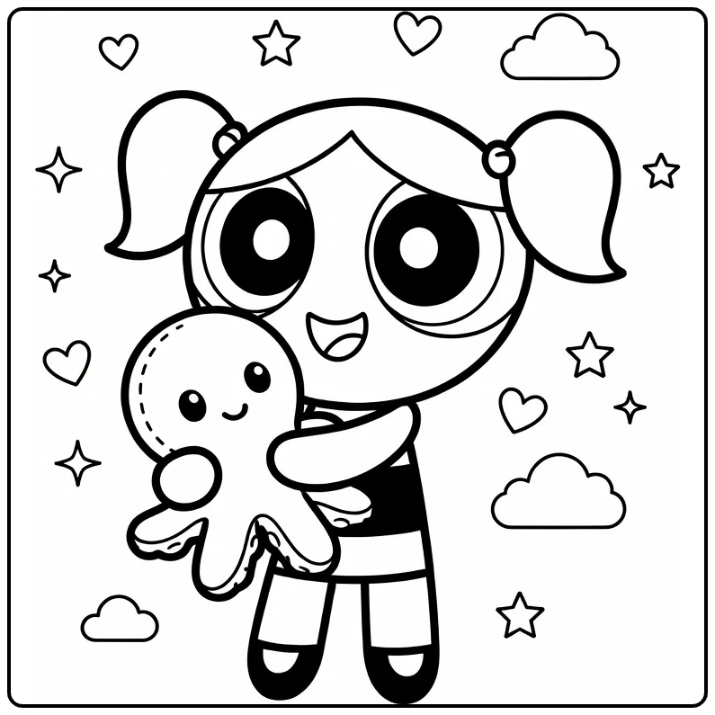 Bubbles kleurplaat: blije Bubbles knuffelt knuffel met hartjes