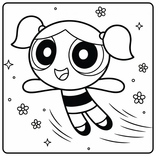 Bubbles kleurplaat: vliegende Bubbles met glimlach, bloemen en sterren