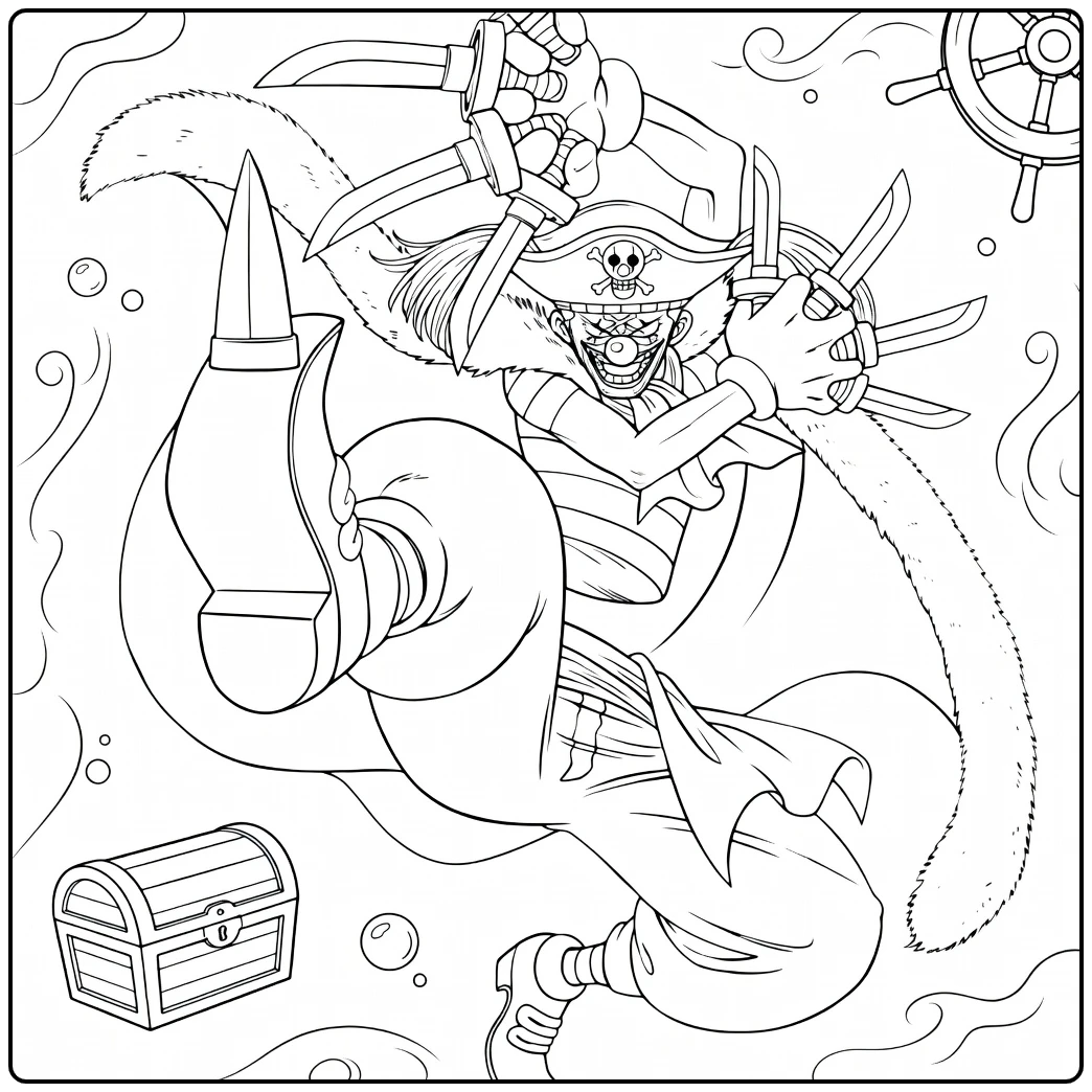 Buggy kleurplaat: clownpiraat met zwaarden en stuurwiel