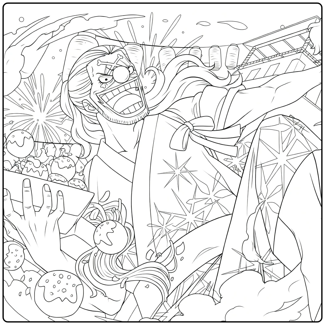 Buggy kleurplaat One Piece clown met snoepjes vuurwerk explosies