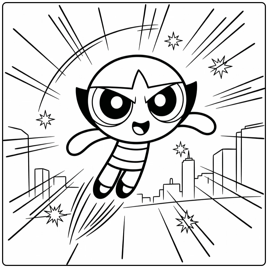 Buttercup kleurplaat: vliegende heldin met vuist vooruit