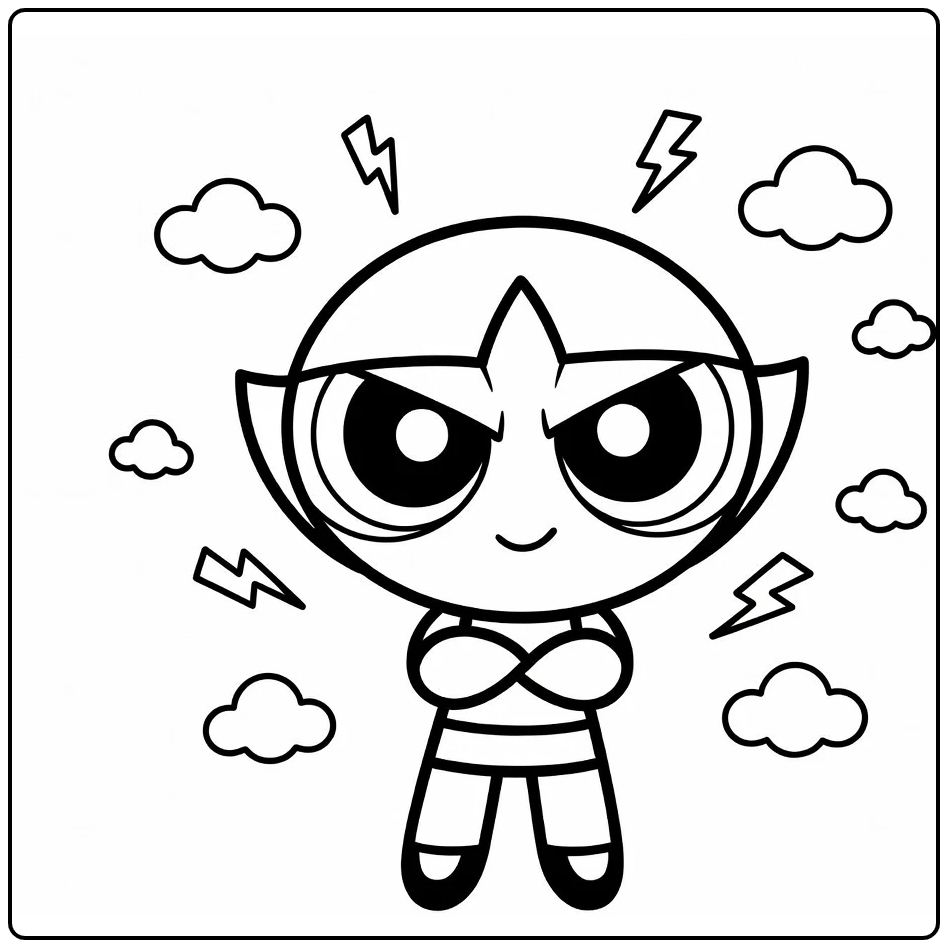 Buttercup kleurplaat: stoere Buttercup met gekruiste armen en bliksem
