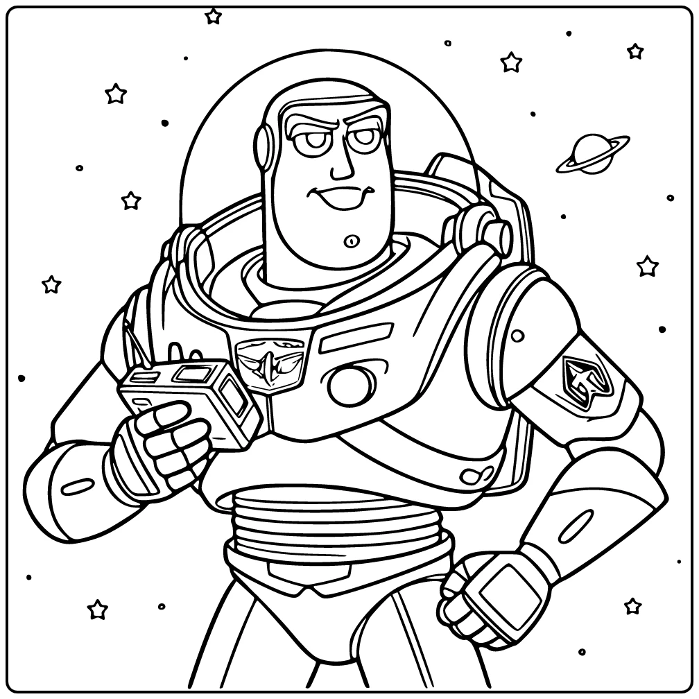 buzz lightyear kleurplaat: met ruimtecommunicator in hand, vastberaden blik
