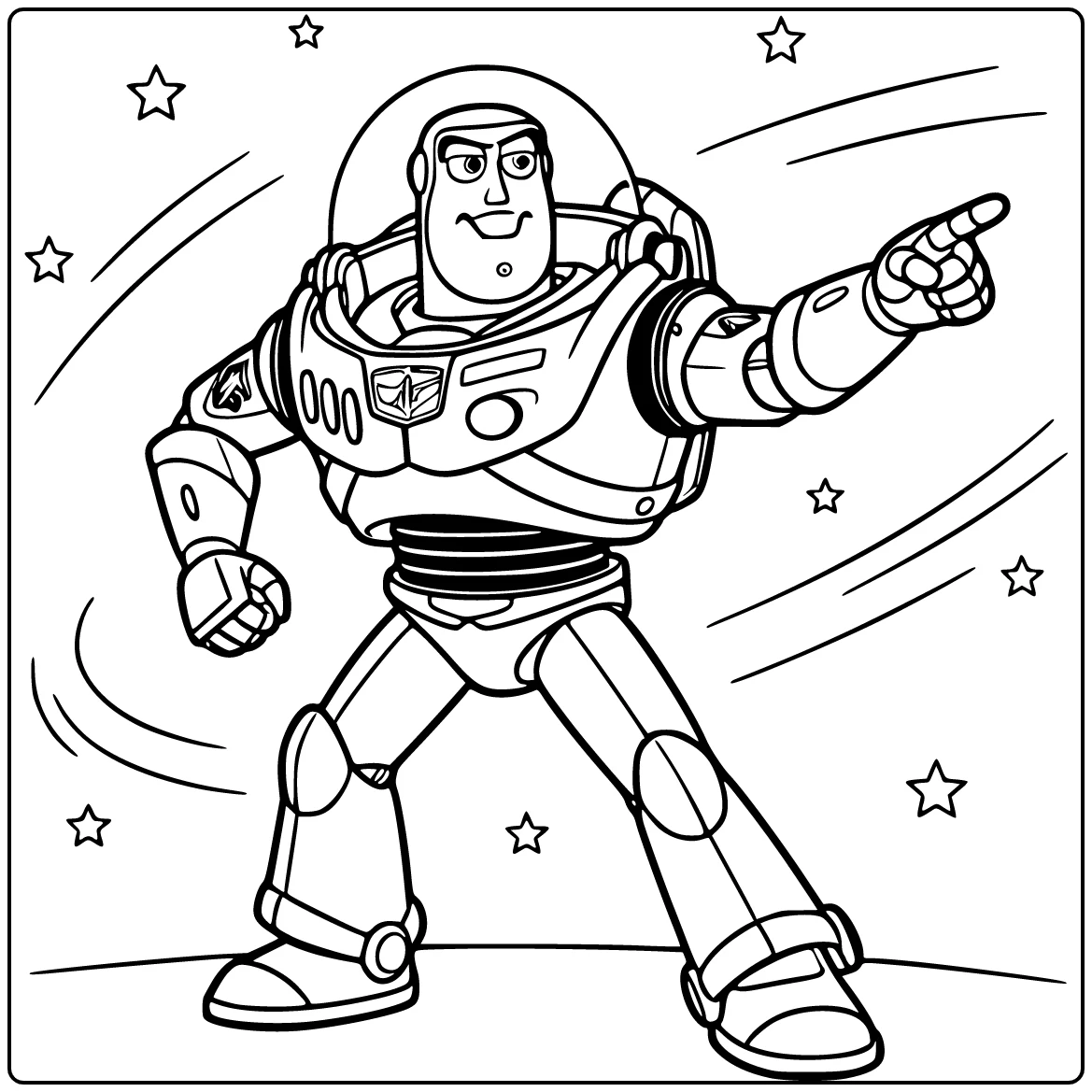 Buzz Lightyear kleurplaat in actiepose met voet vooruit