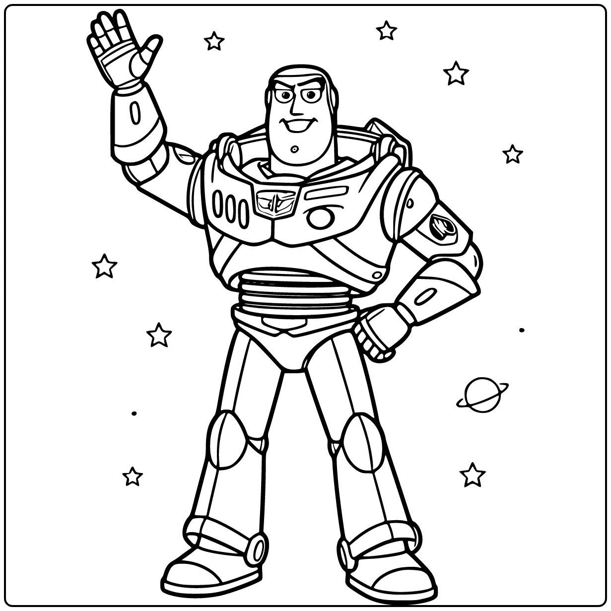 Buzz Lightyear kleurplaat: heroïsch met arm omhoog en hand op heup