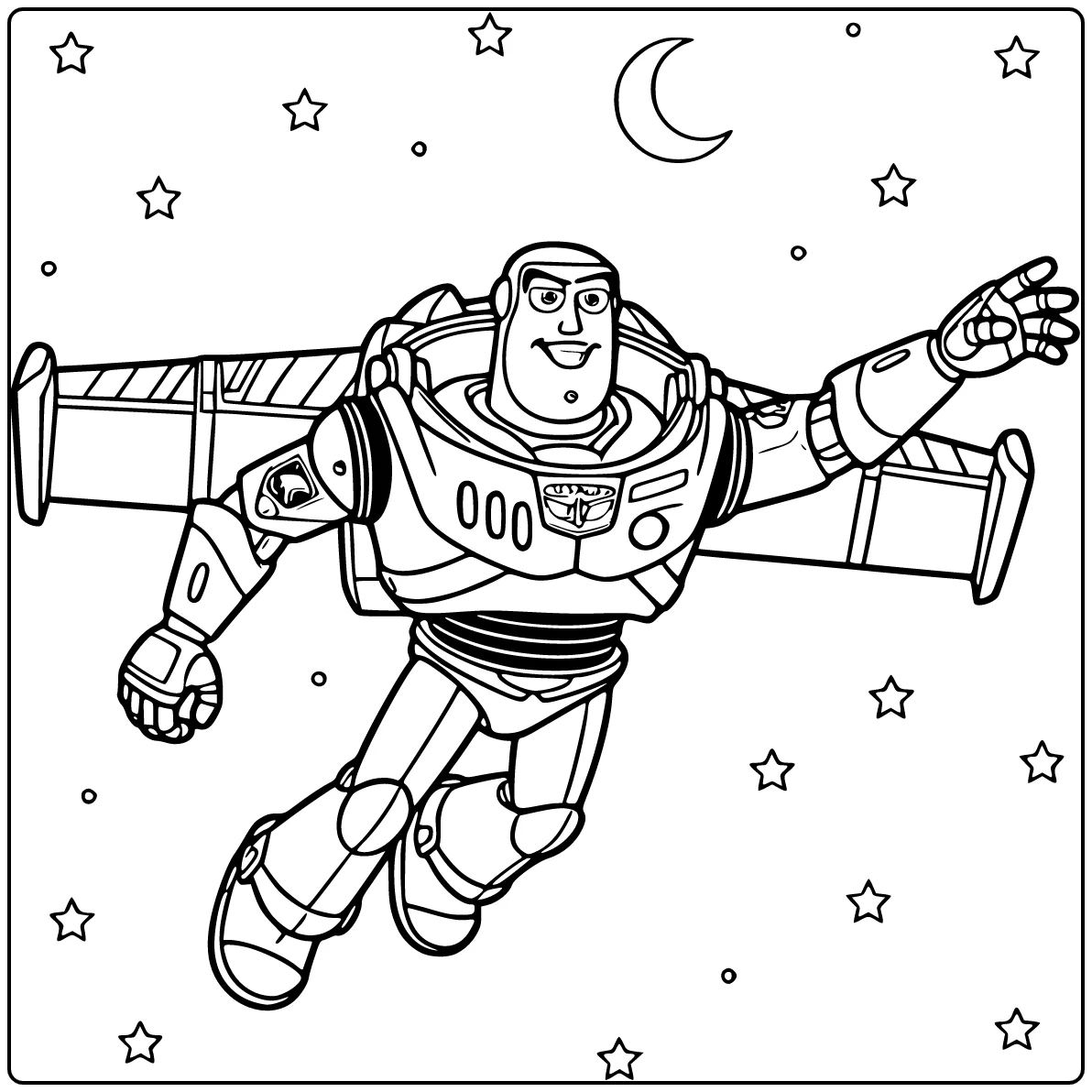 Buzz Lightyear kleurplaat vliegend met wijd uitgestrekte vleugels