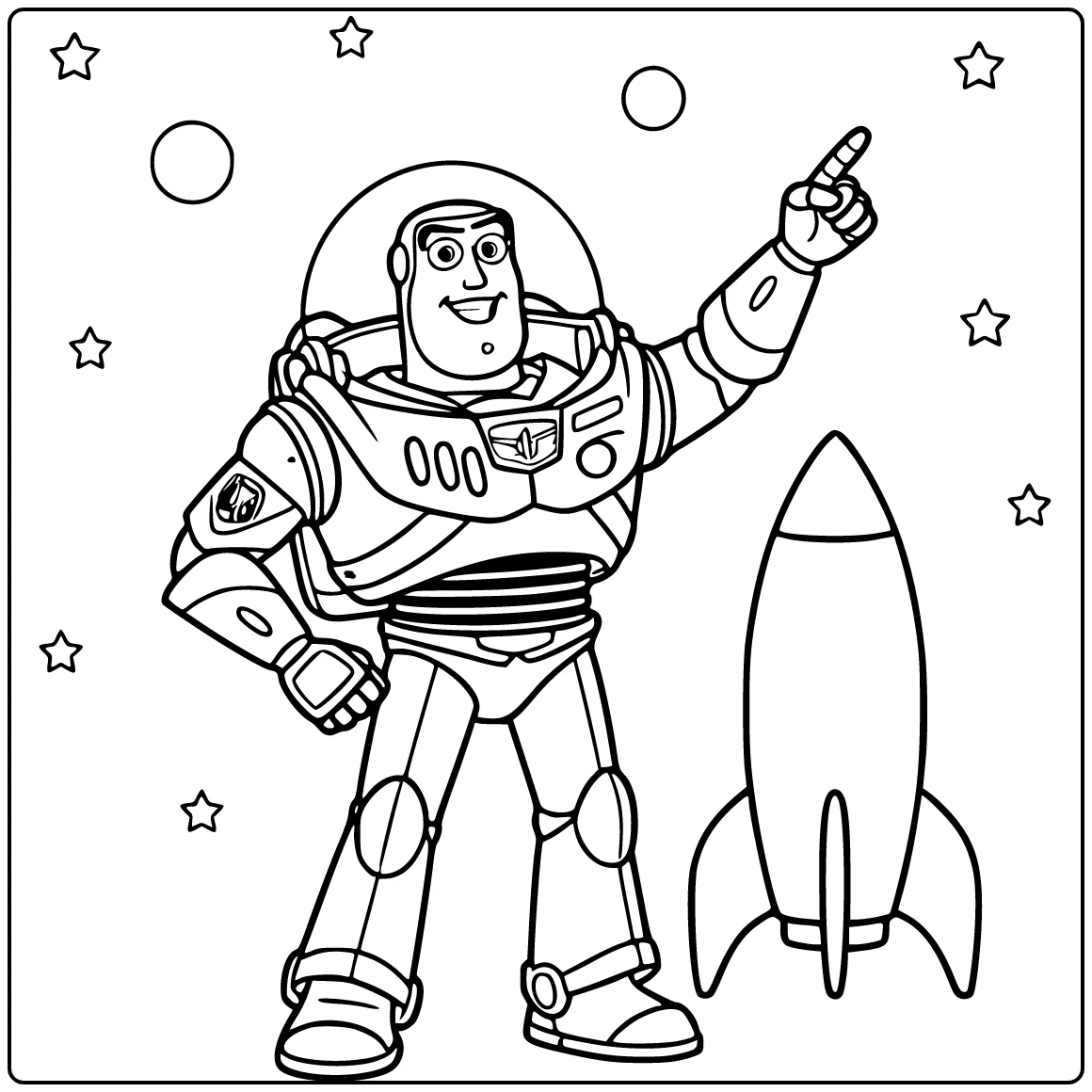 Buzz Lightyear kleurplaat: Buzz naast raket wijzend omhoog