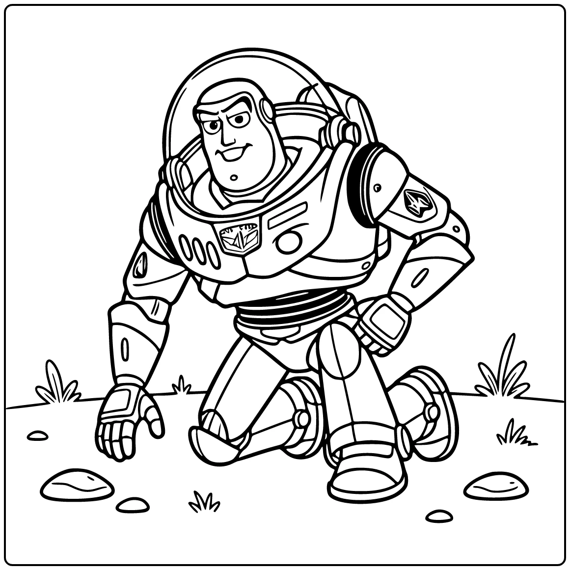 Buzz Lightyear kleurplaat: knielend Buzz bekijkt grond
