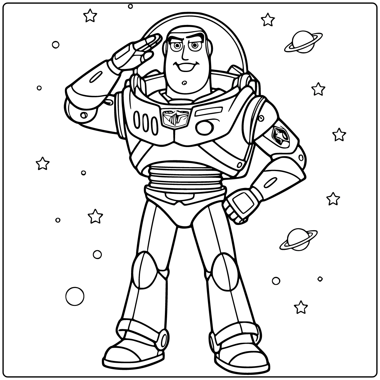 Buzz Lightyear kleurplaat: Buzz salueert trots glimlachend rechtop