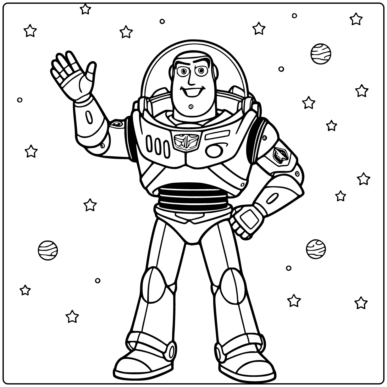 Buzz Lightyear kleurplaat: Buzz zwaait warm en vrolijk centraal