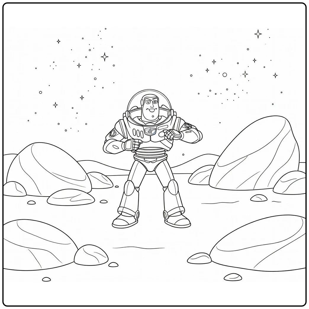 Buzz Lightyear kleurplaat: alert op rotsige alien planeet