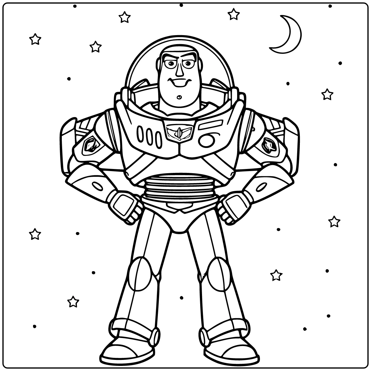 Buzz Lightyear kleurplaat: Buzz staand frontaal met handen in de zij