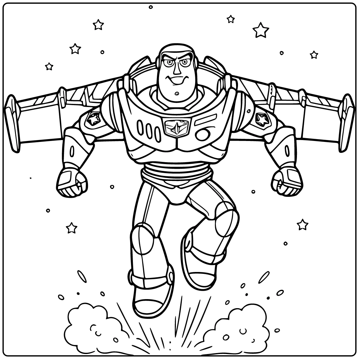Buzz Lightyear kleurplaat: landing uit sprong in superheldenpose