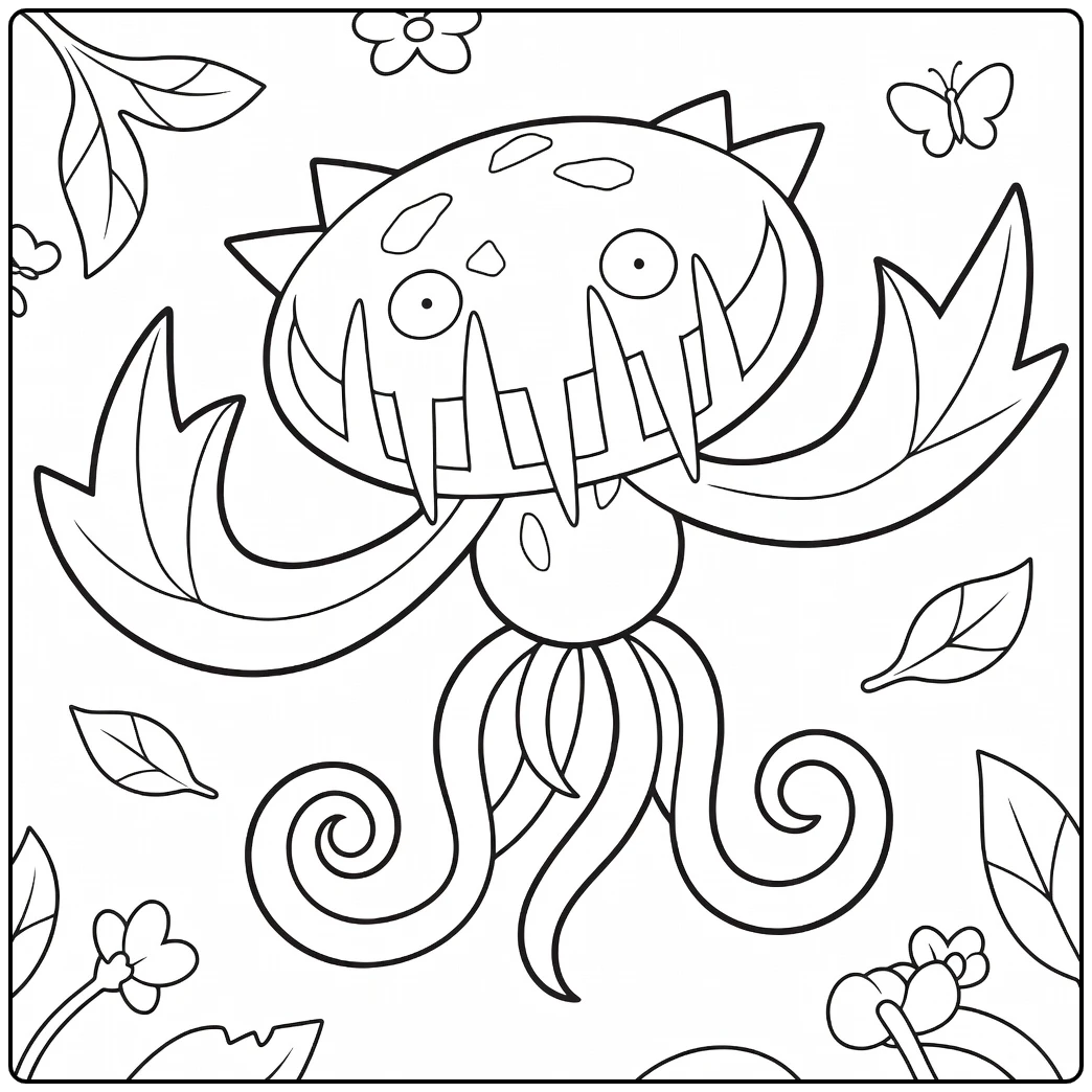 Carnivine Kleurplaat Pokémon met tanden bladeren vlinders