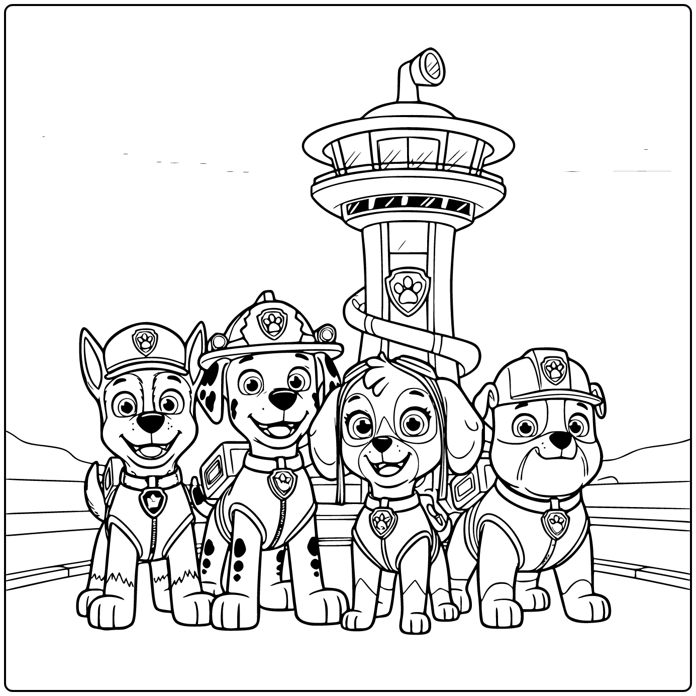 Cartoon kleurplaat PAW Patrol Chase Marshall Skye Rubble heroïsch