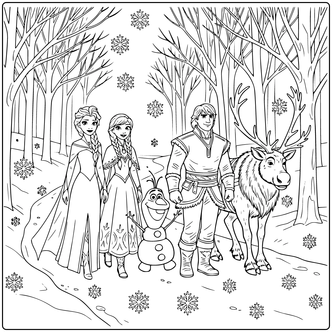 Cartoon kleurplaat Elsa Anna Olaf Kristoff Sven wandelen