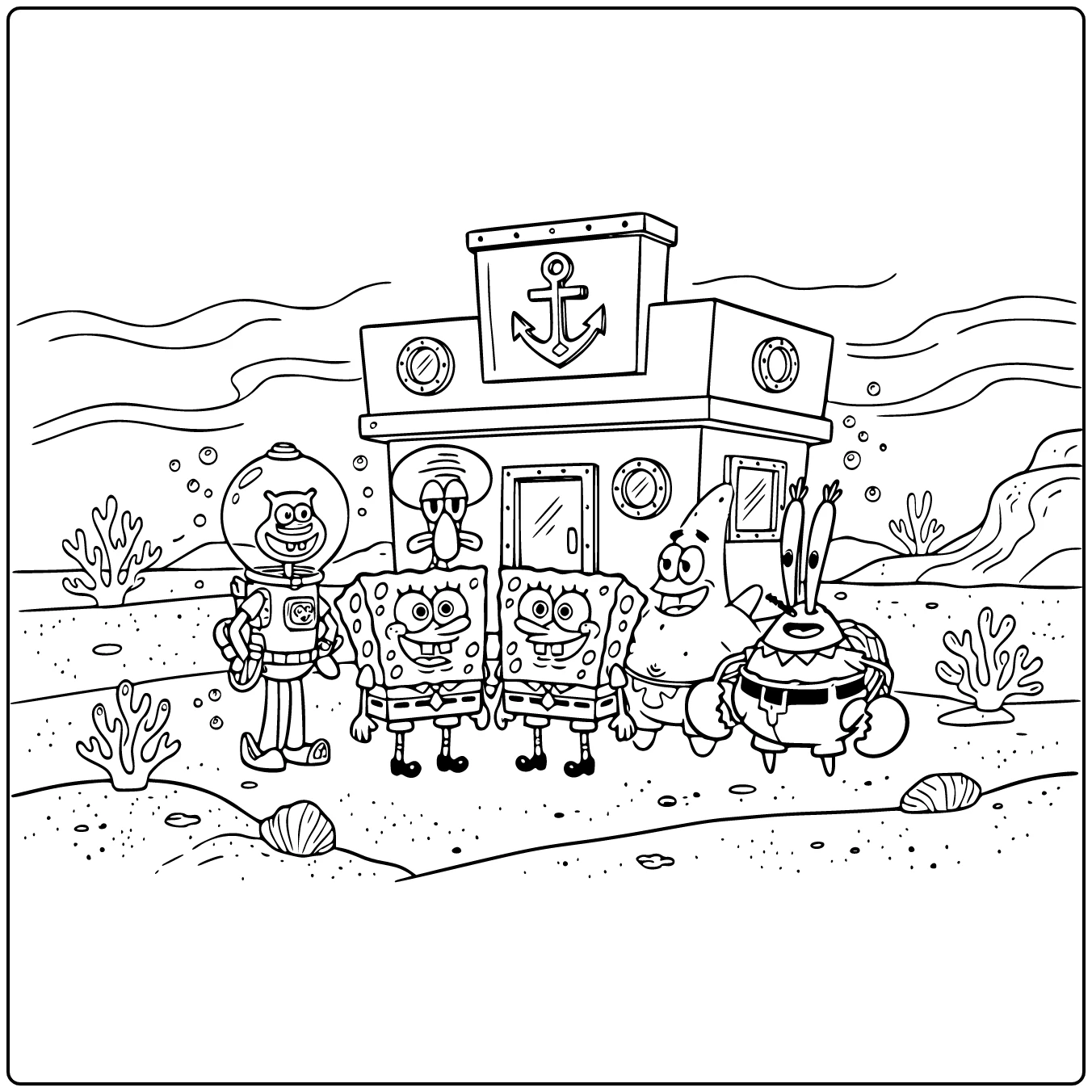 Cartoon kleurplaat SpongeBob met Patrick, Squidward, Sandy
