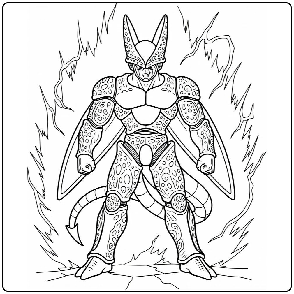 Cell Kleurplaat: dreigende Cell met vleugels, staart, pantser