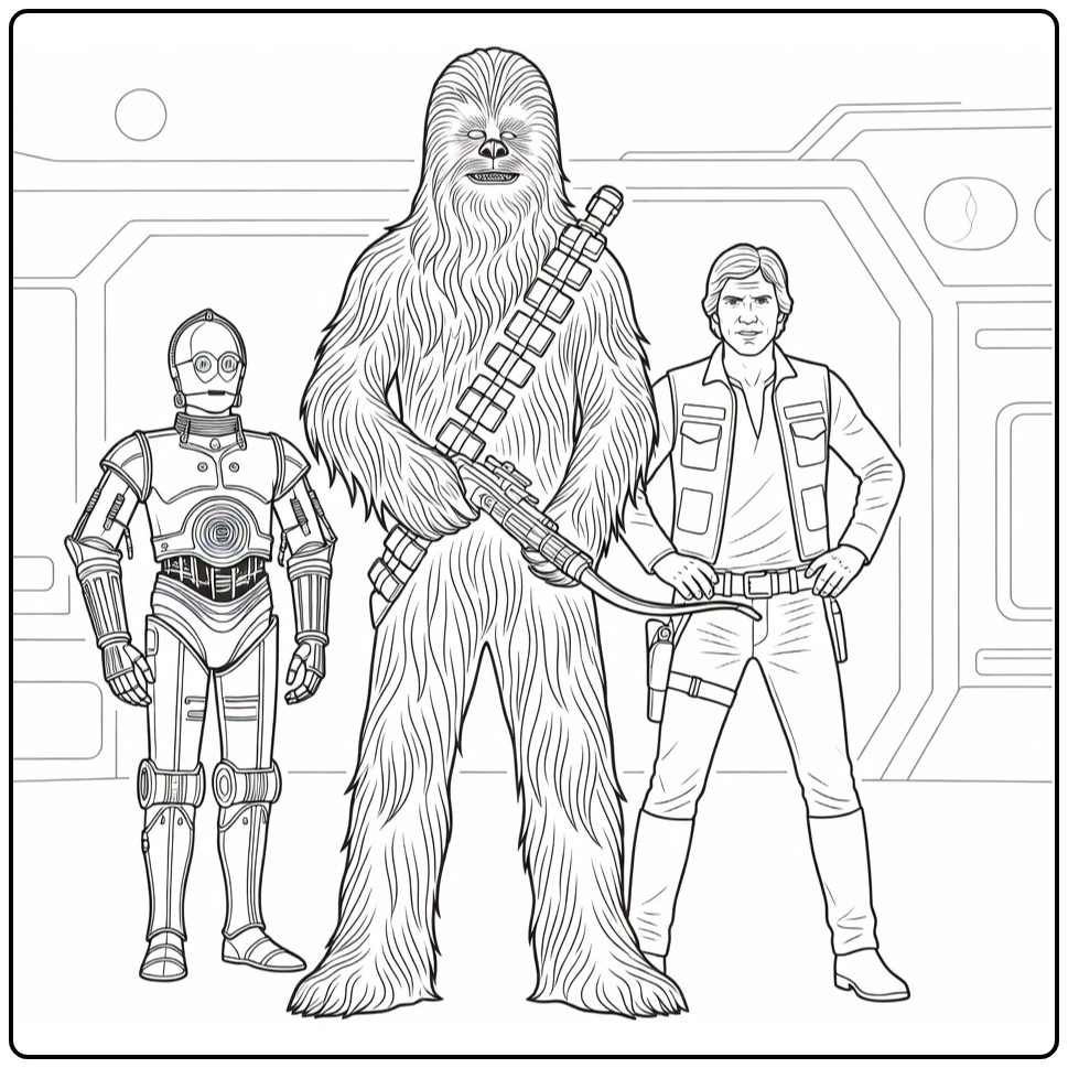 Star Wars kleurplaat Chewbacca met Han Solo en C-3PO