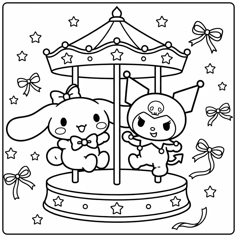 cinnamoroll and kuromi kleurplaat op draaimolen met strikken