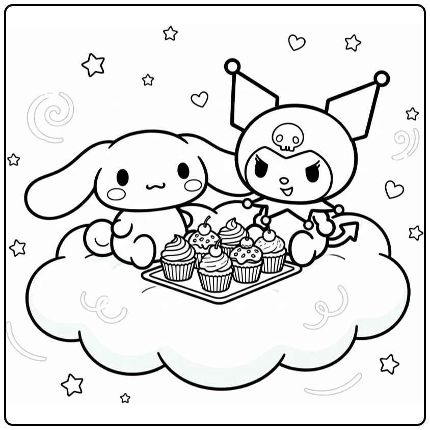 cinnamoroll and kuromi kleurplaat: op wolk met cupcakes en sterren