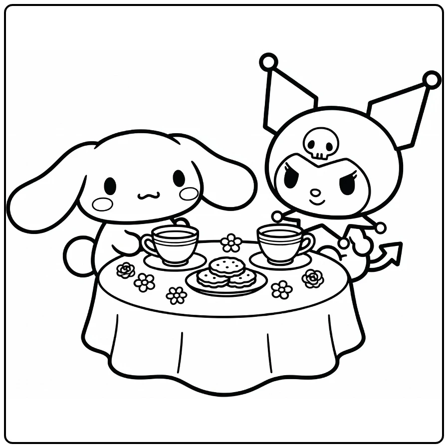 cinnamoroll and kuromi kleurplaat met theepartijtje