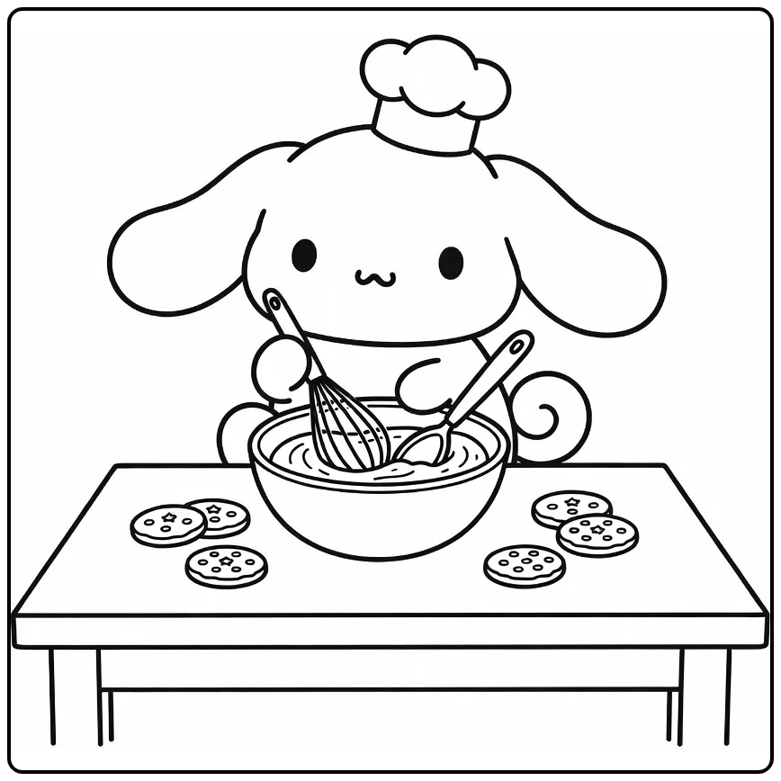 cinnamoroll kleurplaat Cinnamoroll met koksmutsje roert beslag
