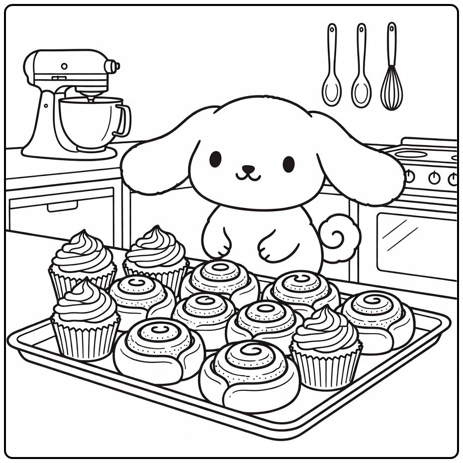 cinnamoroll kleurplaat in knusse bakkerij met kaneelrolletjes